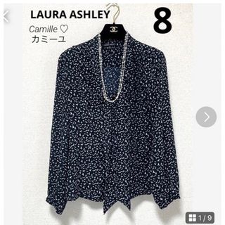 ローラアシュレイ(LAURA ASHLEY)の美品♡ローラアシュレイ ブラウス♡ボウタイ サイズ 8 総柄 ダークブルー♡(シャツ/ブラウス(長袖/七分))