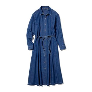 ユニクロ(UNIQLO)のデニムAラインシャツワンピース（長袖・丈短め108cm）(ひざ丈ワンピース)