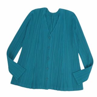 プリーツプリーズイッセイミヤケ(PLEATS PLEASE ISSEY MIYAKE)の美品 プリーツプリーズ イッセイミヤケ PLEATS PLEASE カーディガン ロングスリーブ 長袖 プリーツ トップス レディース 4(XL相当) ターコイズグリーン(カーディガン)