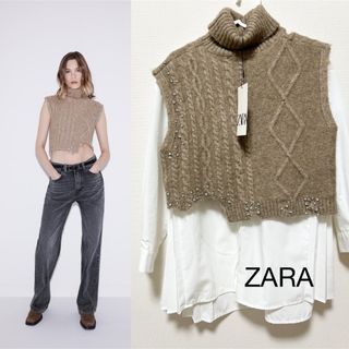 ザラ(ZARA)の【新品タグ付】今期完売品★ZARAラインストーン クロップド ニットベスト(ベスト/ジレ)