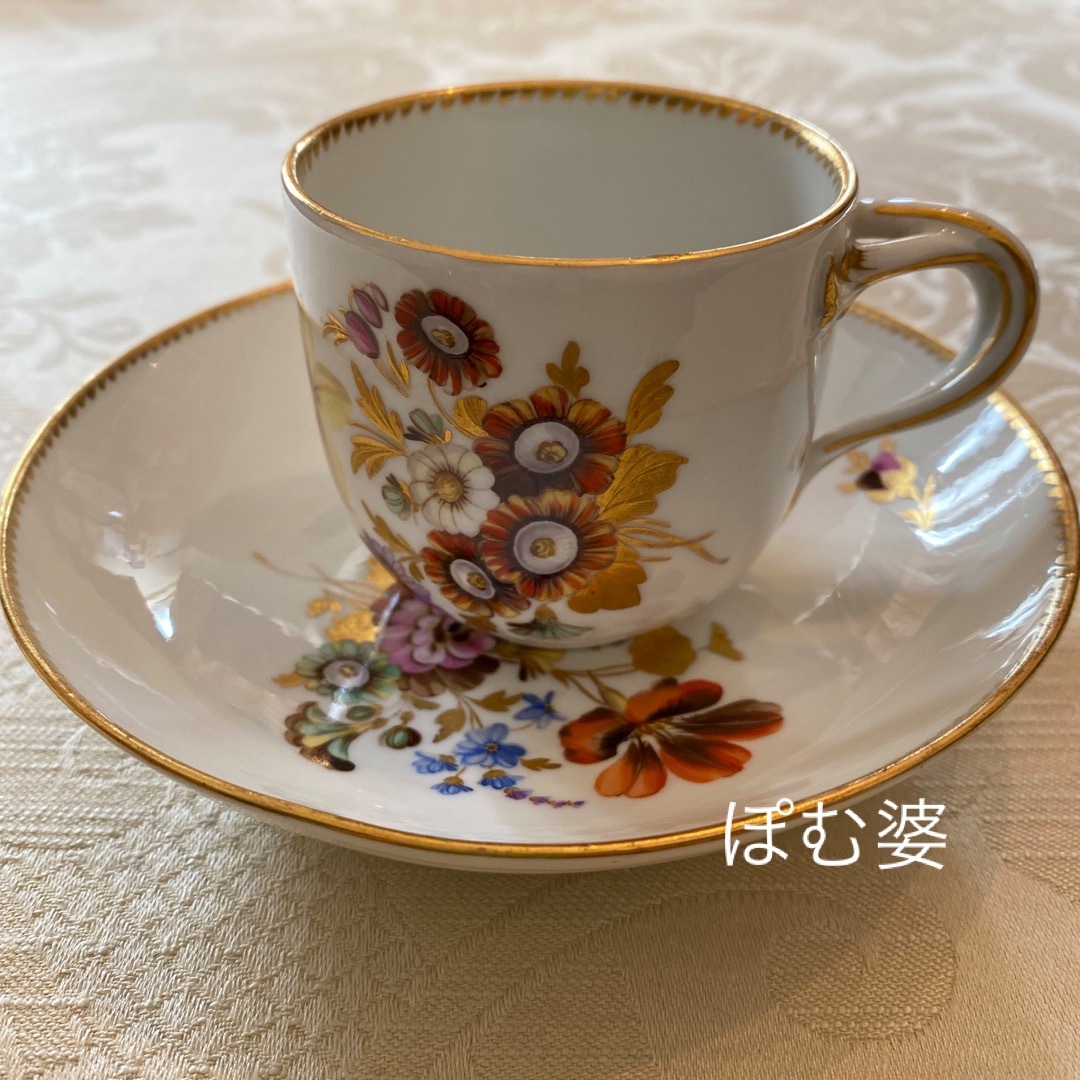 MEISSEN(マイセン)の【古マイセン】金彩 セピア「マルコリーニの花と金の葉」カップ＆ソーサー＋中皿 インテリア/住まい/日用品のキッチン/食器(食器)の商品写真