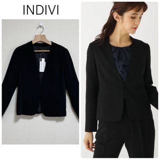 インディヴィ(INDIVI)の【新品タグ付】INDIVI 2WAYストレッチノーカラージャケット　黒　Mサイズ(ノーカラージャケット)