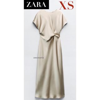 ザラ(ZARA)の【新品】ZARA ギャザーウエストサテンミディワンピース　サテンドレス　ドレス(ロングワンピース/マキシワンピース)