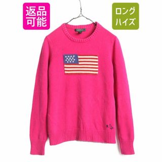 ラルフローレン(Ralph Lauren)の90s LAUREN ラルフローレン 星条旗 コットン ニット セーター レディース M 古着 90年代 オールド ポロ クルーネック ピンク 薄手 フラッグ(ニット/セーター)