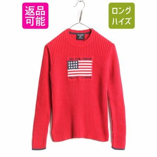 ラルフローレン(Ralph Lauren)のラルフローレン 星条旗 コットン ニット セーター レディース M / 古着 POLO JEANS Co リブ編み クルーネック ポロ レッド 長袖ニット 赤(ニット/セーター)