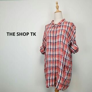 THE SHOP TK赤色フリーサイズロールアップシャツ麻混合
