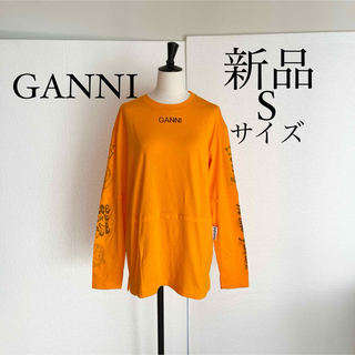 GANNI ガニー　ロゴ入りTシャツ　カットソー　トップス　Sサイズ　オレンジ(シャツ/ブラウス(長袖/七分))