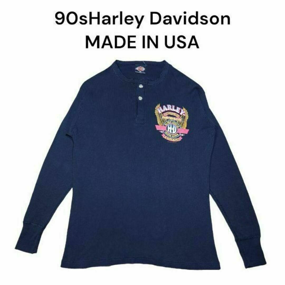 Harley Davidson(ハーレーダビッドソン)の90s ハーレーダビッドソン　ビッグプリント　ヘンリーネック　ロンT　USA製 メンズのトップス(スウェット)の商品写真