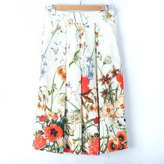 ザラ ストレート ミディアム丈 タック入り 花柄 ファスナー レディース XSサイズ ホワイト グリーン ZARA