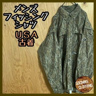 メンズ フィッシング シャツ USA古着 90s ボタンダウン長袖 シャツ 緑(シャツ)