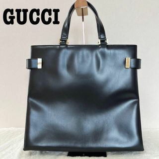 グッチ(Gucci)のGUCCI レザー　スクエア　ハンドバッグ　トートバッグ　ブラック　ゴールド(ビジネスバッグ)