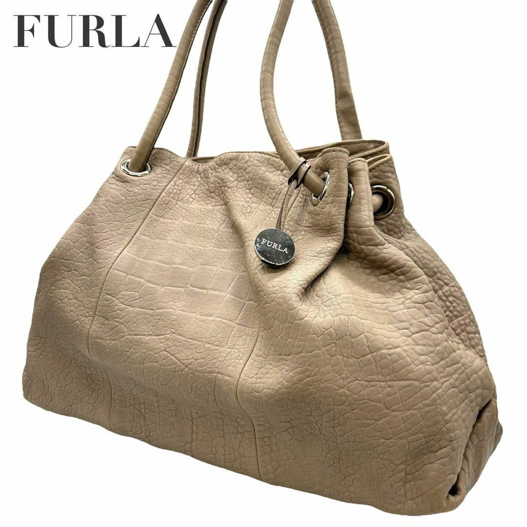 Furla(フルラ)のFURLA フルラ　s18 クロコ型押し　レザー　トートバッグ　肩掛け　ベージュ レディースのバッグ(トートバッグ)の商品写真