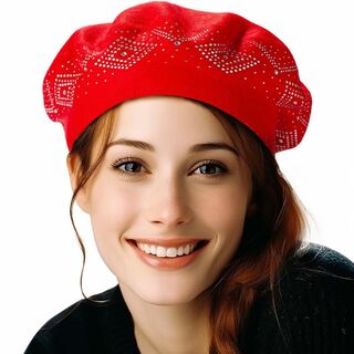 【色: レッド-43905】女性用ラインストーンベレー帽子2層ウールフレンチハッ(その他)