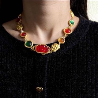 ザラ(ZARA)の不規則宝石　彩色多宝 赤緑金色ネックレス　vintage ゆめかわ ロリータ(ネックレス)