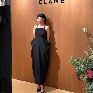 クラネ(CLANE)のCLANE BARE TOP DRAPE ONEPIECE 1 ブラック(ロングワンピース/マキシワンピース)