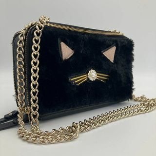 ケイトスペードニューヨーク(kate spade new york)のケイトスペード チェーン ファー ストーン 猫 ショルダーバッグ ウォレット 黒(ショルダーバッグ)