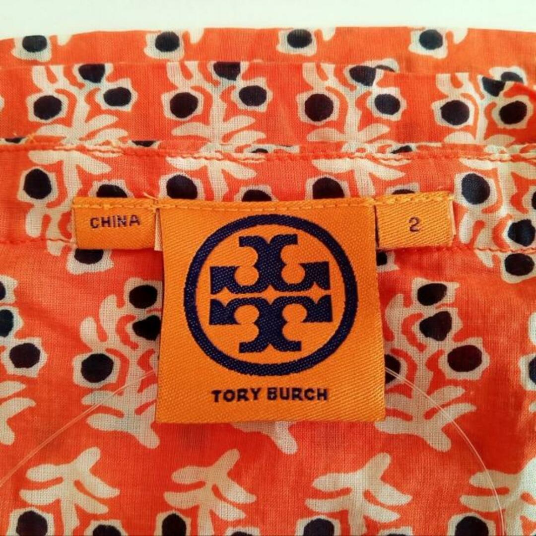 Tory Burch(トリーバーチ)のTORY BURCH(トリーバーチ) 半袖カットソー サイズ2 S レディース新品同様  - オレンジ×白×ダークネイビー ロング丈/フリンジ レディースのトップス(カットソー(半袖/袖なし))の商品写真