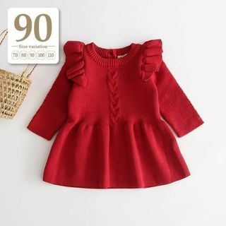 80～90cm｜レッド赤〔肩フリルAライン長袖ニットワンピース〕女の子 ベビー服(ワンピース)