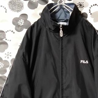 FILA - FILA3ナイロンジャケットXLサイズUS古着フルジップアップブラック腕章グレー