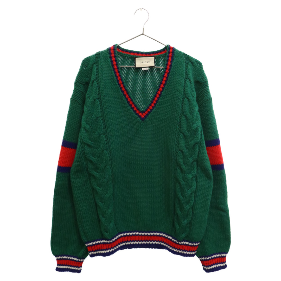 Gucci(グッチ)のGUCCI グッチ 20SS WOOL V NECK KNIT SWEATER ウール Vネック ケーブル ニット セーター グリーン 599310 XKA32 メンズのトップス(ニット/セーター)の商品写真