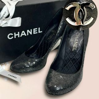 シャネル(CHANEL)の☆ココマーク☆CHANEL スパンコール ハイヒール パンプス 36.5 黒(ハイヒール/パンプス)