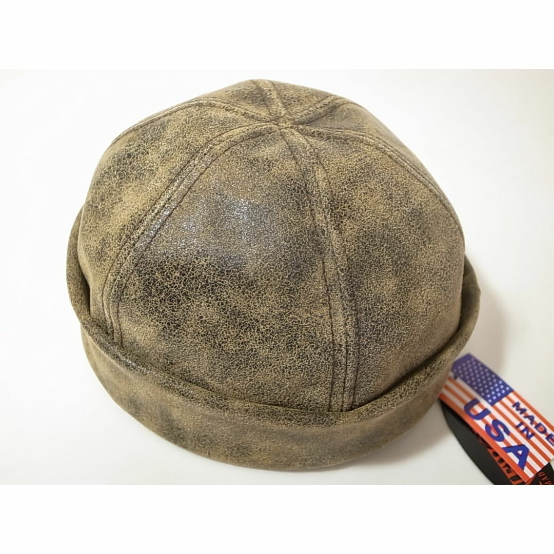 NEW YORK HAT(ニューヨークハット)の米国製Antique Leather Thugビンテージ加工ショートワッチ茶XL メンズの帽子(その他)の商品写真