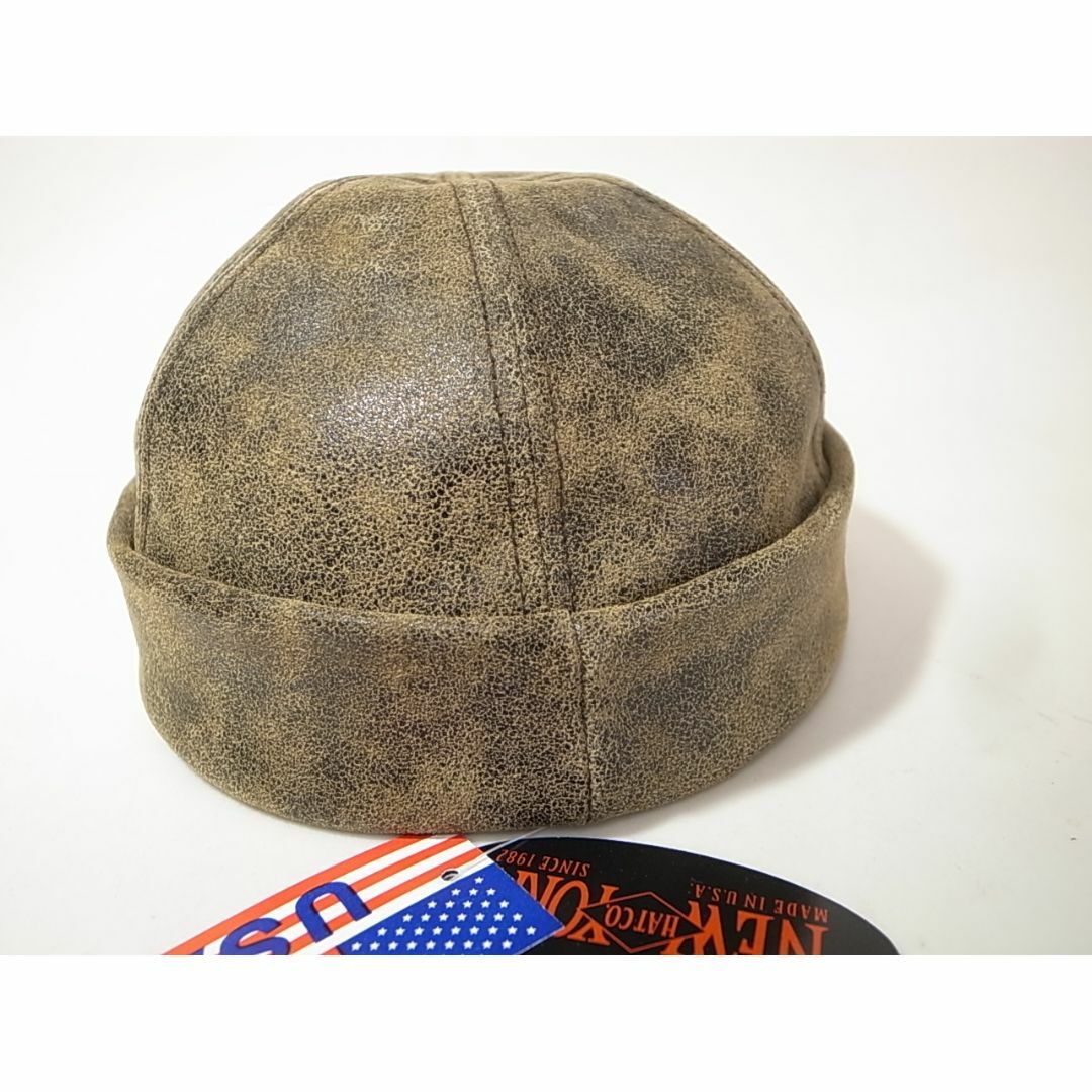 NEW YORK HAT(ニューヨークハット)の米国製Antique Leather Thugビンテージ加工ショートワッチ茶XL メンズの帽子(その他)の商品写真