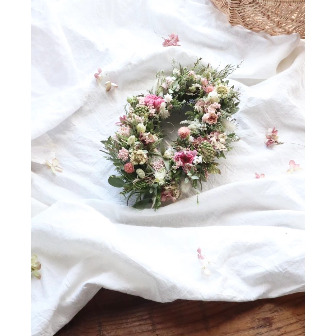 サクラ咲く❀桜色のオーバルリース　ドライフラワーリース　春リース　春のインテリア ハンドメイドのフラワー/ガーデン(リース)の商品写真