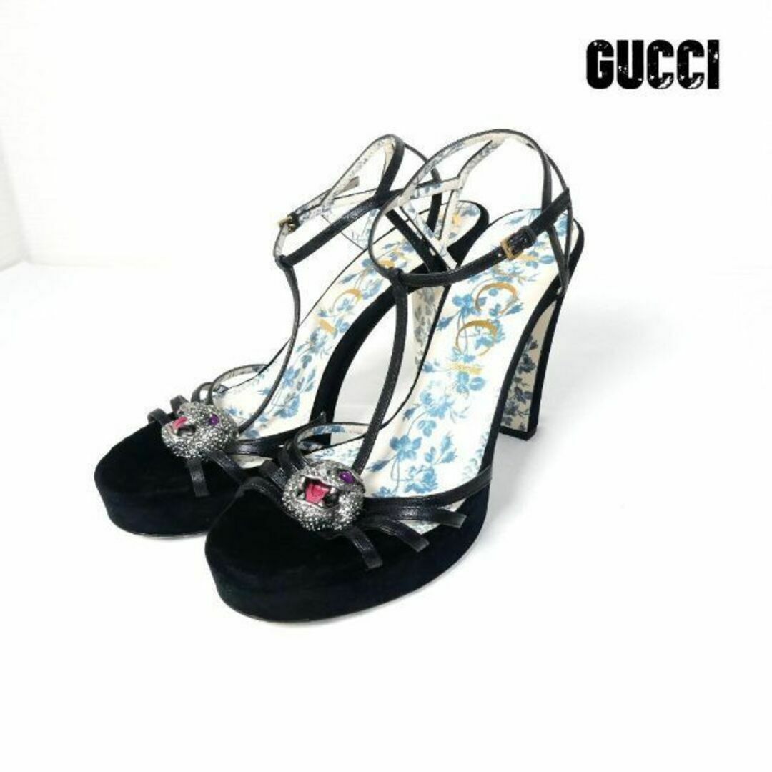 Gucci(グッチ)の美品 GUCCI ベロア タイガー ビジュー アンクルストラップ サンダル レディースの靴/シューズ(サンダル)の商品写真