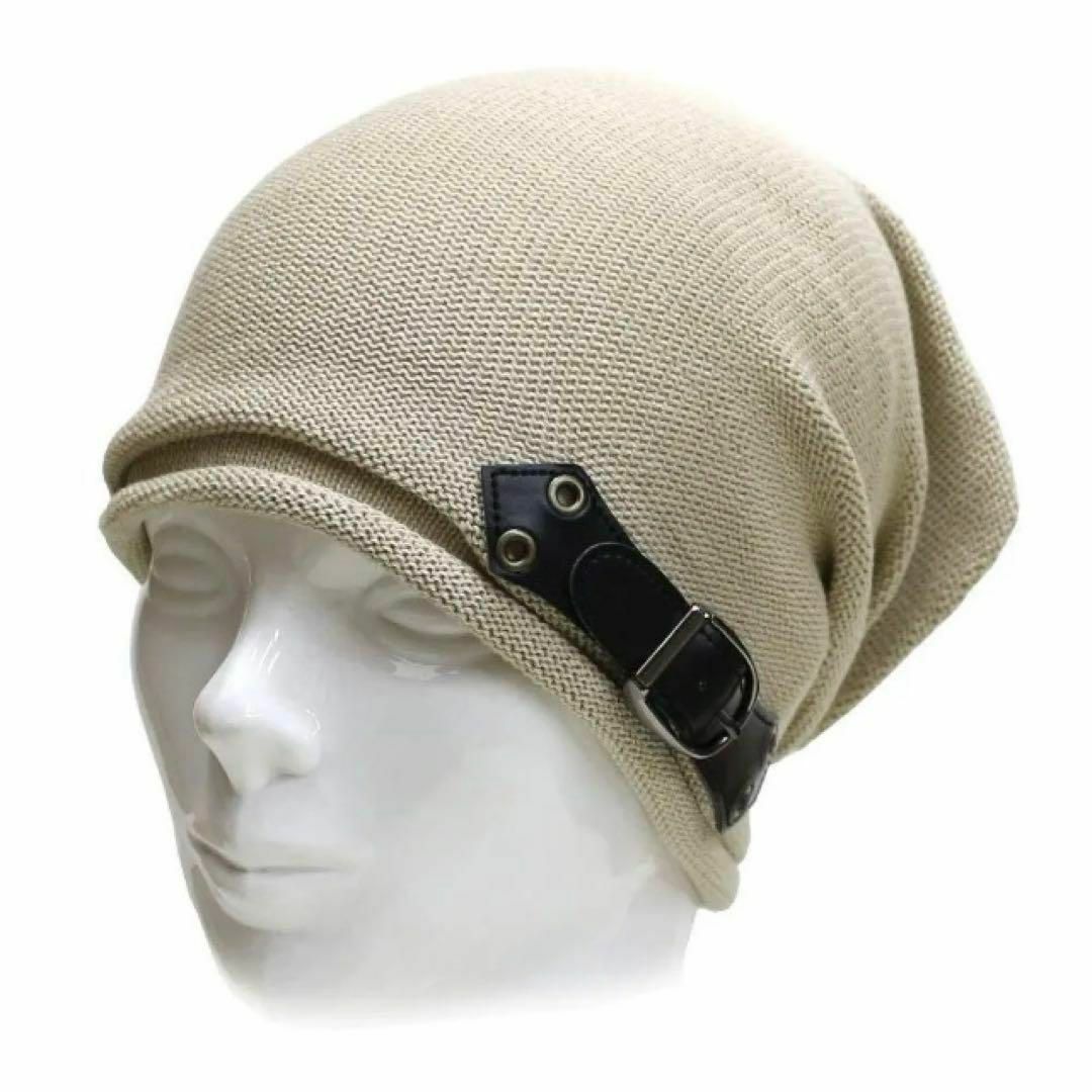 帽子 春 薄手 男女兼用 ニット帽 コットン サイド ベルトSP ベージュ メンズの帽子(ニット帽/ビーニー)の商品写真