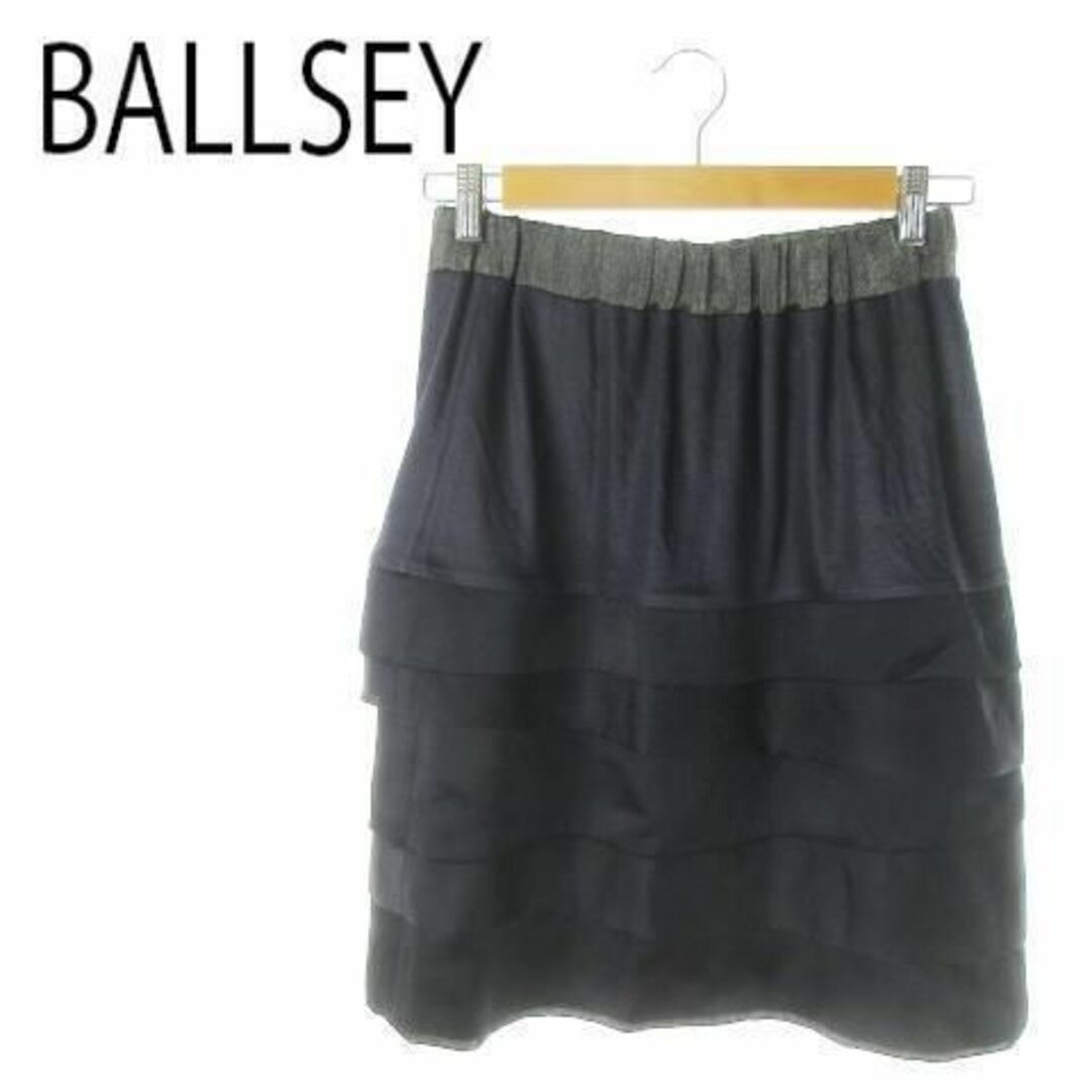 Ballsey(ボールジィ)のボールジィ ティアードスカート ひざ丈 ラメ 38 紺 220329AO17A レディースのスカート(ひざ丈スカート)の商品写真