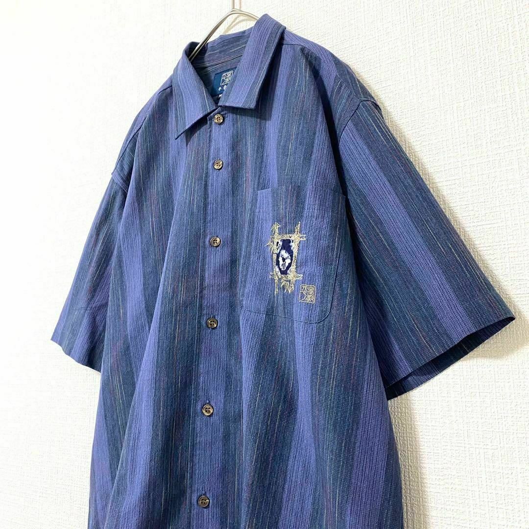 natuRAL vintage(ナチュラルヴィンテージ)のシャツ 半袖 ストライプ 刺繍 リネン M 一点物 ヴィンテージ メンズのトップス(シャツ)の商品写真