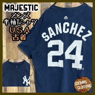 マジェスティック(Majestic)のヤンキース Tシャツ MLB 野球 ロゴ 背番号 ネイビー 半袖 L USA古着(Tシャツ/カットソー(半袖/袖なし))