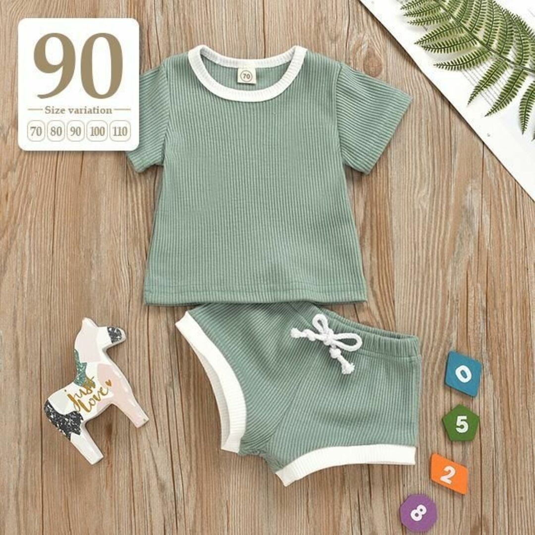 90 ミント〔配色セットアップ〕子供服半袖Tシャツショートパンツパジャマ体操着服 キッズ/ベビー/マタニティのキッズ服男の子用(90cm~)(パジャマ)の商品写真