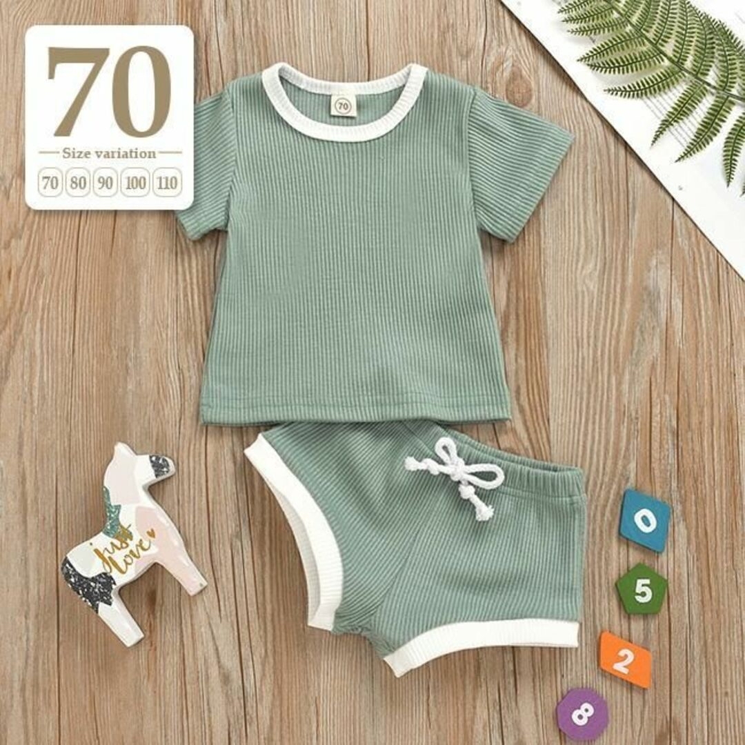 70 ミント〔配色セットアップ〕子供服半袖Tシャツショートパンツパジャマ体操着服 キッズ/ベビー/マタニティのベビー服(~85cm)(パジャマ)の商品写真