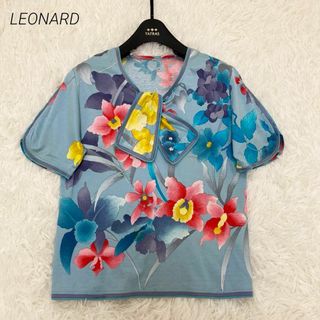 レオナール(LEONARD)のLEONARD カットソー　半袖　花柄　コットン　青色　ピンク　Lサイズ(カットソー(半袖/袖なし))