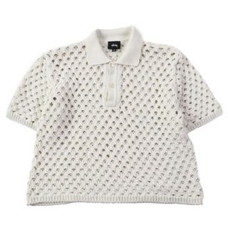 極美品 STUSSY ステューシー 23SS 117178 BIG MESH POLO SWEATER プルオーバー 透かし編み 半袖ニットポロシャツ アイボリー M 正規品 メンズ