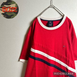 トミーヒルフィガー(TOMMY HILFIGER)の【3点1万円】リンガーTシャツ　半袖　XLサイズ　ビッグサイズ刺繍ロゴ　レッド赤(Tシャツ/カットソー(半袖/袖なし))