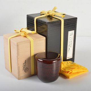 山中塗　辻石斎造　波に貝蒔絵　大棗　共布　宗左(而妙斎)極め箱　F　R6886(漆芸)