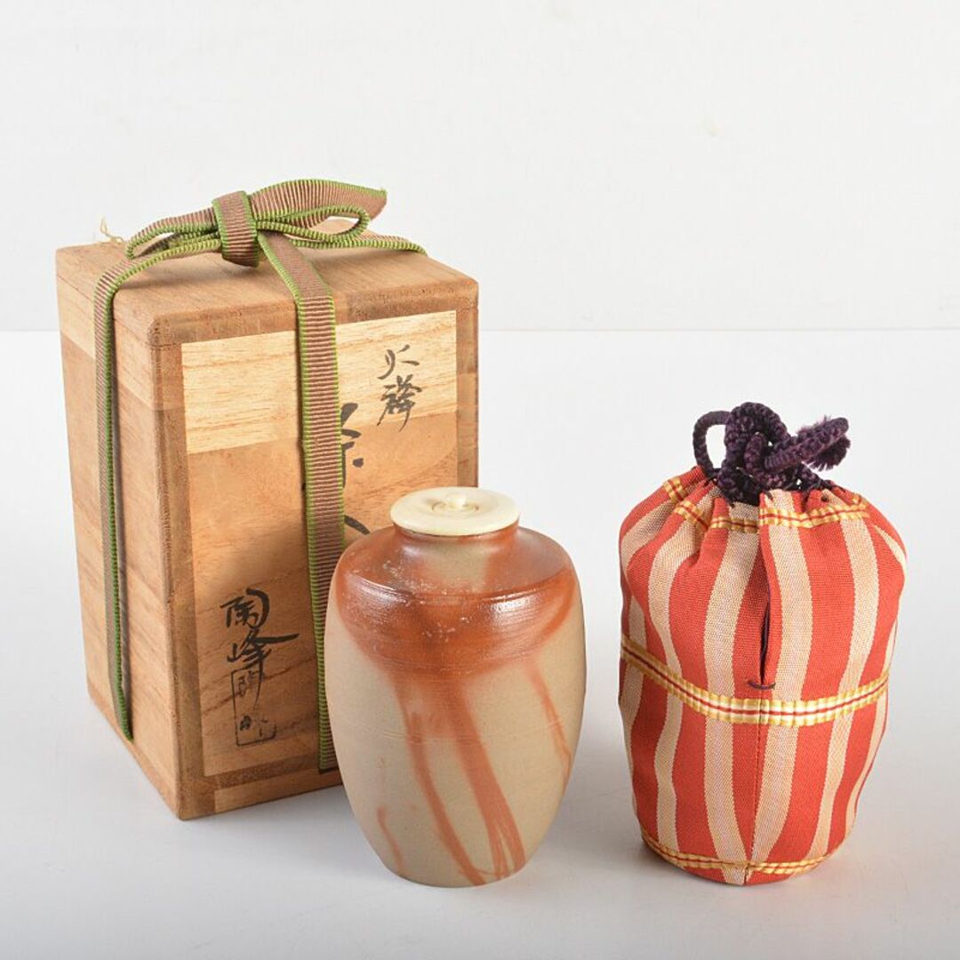 備前焼　木村陶峰作　火欅　肩衝茶入　袱紗付　共箱　V　R6896