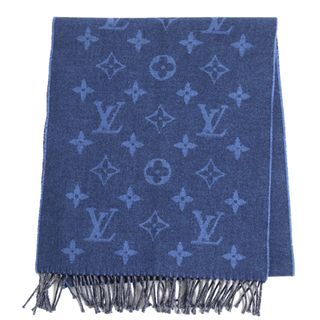 ルイヴィトン(LOUIS VUITTON)の極美品 LOUIS VUITTON ルイヴィトン M76247 エシャルプ・ピエドゥプール モノグラム柄 カシミヤ・シルク混 フリンジ付き マフラー ブルー 英国製 正規品 メンズ(マフラー)