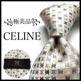 セリーヌ(celine)の꧁極美品꧂ セリーヌ ネクタイ マカダム トリオンフ ロゴグラム ホワイト 光沢(ネクタイ)