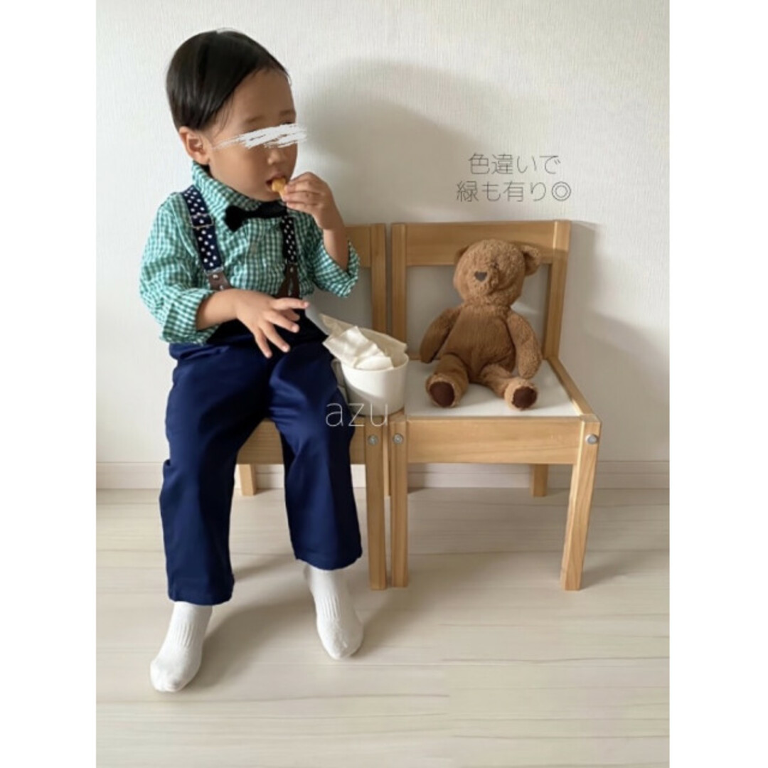 子供服 95-100 赤 チェックシャツ パンツ 星 サスペンダーセット  新品 キッズ/ベビー/マタニティのキッズ服男の子用(90cm~)(ドレス/フォーマル)の商品写真