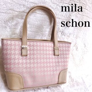 ミラショーン(mila schon)の極美品 mila schon 千鳥柄 ピンク トートバッグ レザー キャンバス(トートバッグ)