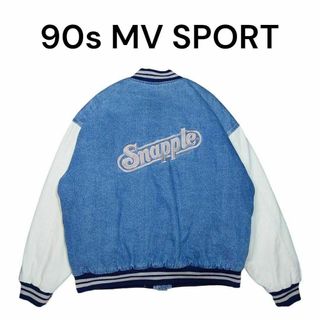 90s MV SPORT　内キルティング　ビッグロゴ刺繍デニムスタジャン　古着(スタジャン)