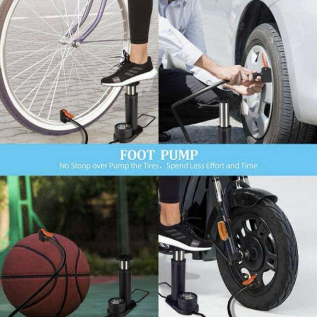 空気入れ 圧力計付 小型コンパクト 自転車 多機能 足踏み式携帯ポンプ ブラック 自動車/バイクの自動車(メンテナンス用品)の商品写真