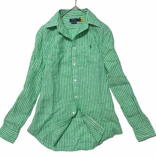 ポロラルフローレン(POLO RALPH LAUREN)の5490 美品 ポロラルフローレン リネンストライプシャツ グリーン(シャツ/ブラウス(長袖/七分))