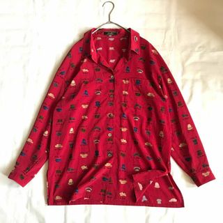 leilian - レリアン　オーバーサイズ　帽子柄　シャツ　トップス　古着　レトロ　レッド系　M