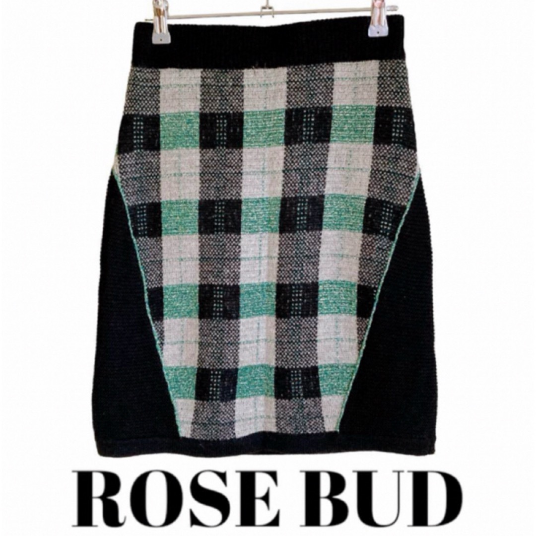 ROSE BUD(ローズバッド)のROSE BUD タイトスカート ニット　チェック　ラメ　ブラック×グリーン レディースのスカート(ひざ丈スカート)の商品写真