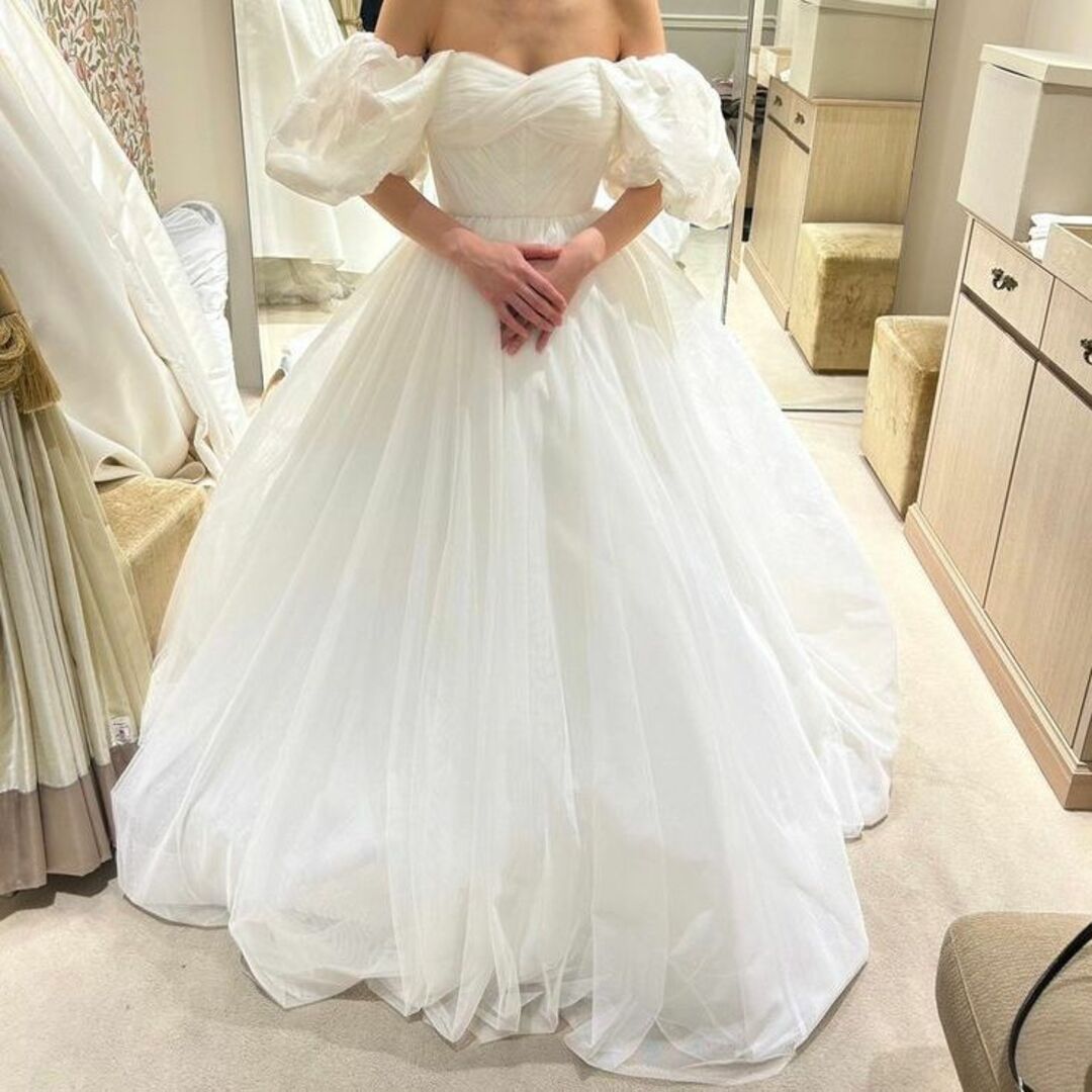 高品質！ウエディングドレス オフホワイト ベアトップ 取り外し袖 結婚式